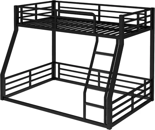 Vista 4 de Litera de metal resistente de tamaño individual sobre matrimonial, con escalera integrada y barandilla de seguridad para niños, adolescentes