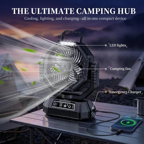 Vista 2 de AJVV Ventilador de camping con luz, control remoto y oscilación, ventilador colgante de tienda de campaña a batería, recargable portátil