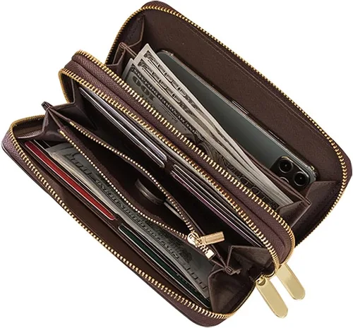 Vista 2 de Veki Billetera para mujer con doble cremallera y correa para la muñeca, monedero de cuero para tarjetas de crédito para mujeres y hombres, Negro A