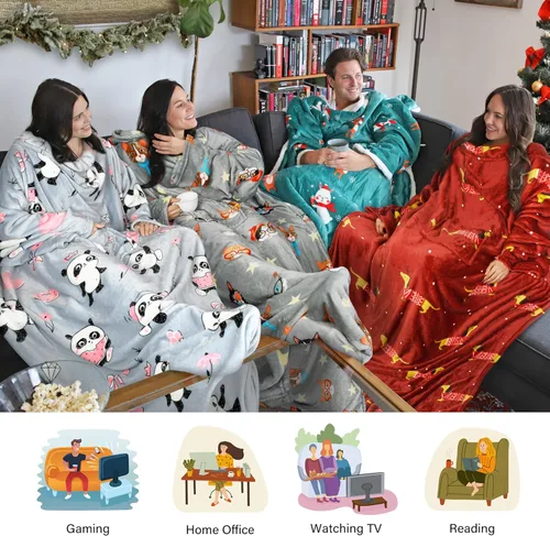 Vista 6 de Catalonia Manta con estampado de gato y perro para llevar puesta, acogedora y suave con mangas, manta larga de forro de vellón cálida y cómoda