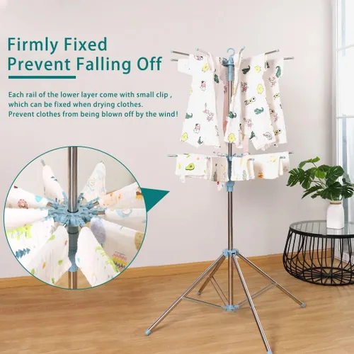 Vista 6 de Hershii Estante de secado de ropa plegable de 2 niveles para interiores y exteriores, soporte plegable para colgar ropa, ahorro de espacio