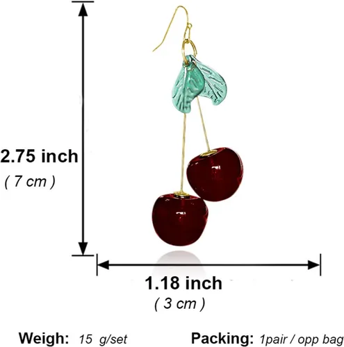Vista 5 de Aretes colgantes de cereza para mujer, bonitos y realistas, ligeros, con frutas, hechos a mano, cereza roja con borla de hoja, aretes colgantes 3D