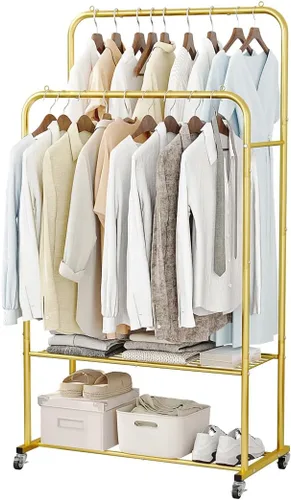 Vista 10 de SUOERNUO Perchero con ruedas para ropa, estante para colgar ropa resistente, estante metálico enrollable para dormitorio, armario (Negro)