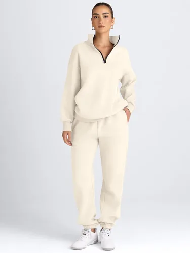 Vista 2 de AUTOMET Conjunto deportivo de 2 piezas para mujer, manga larga, media cremallera y pantalones deportivos holgados con bolsillos