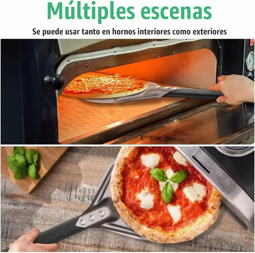 Vista 5 de Pala de torneado de pizza de 6 pulgadas redonda de aluminio perforada con mango de metal, paleta de pizza para accesorios de horno de pizza casera