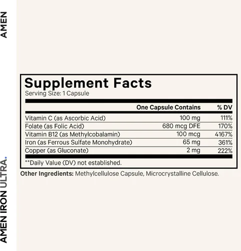 Vista 2 de Amen Iron Ultra Suplemento + cobre, folato, vitamina C y B12 - Suministro de 2 meses - Vitamina de hierro y sulfato ferroso - 65 mg por porción