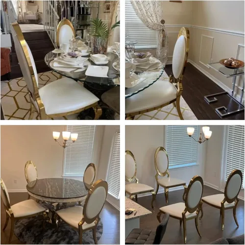 Vista 6 de ACEDÉCOR Sillas de comedor blancas y doradas, modernas sillas de piel sintética blanca, magnífica silla ovalada con respaldo de acero inoxidable