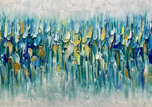 Vista 5 de AMEI Arte, 24 x 60 pulgadas, grande, pintado a mano, abstracto, texturizado, dorado, azul, pinturas acrílicas, arte de pared multicolor, estirado