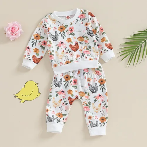 Vista 7 de Ropa de otoño para bebé, niña y niño, sudadera con cuello redondo y estampado de flores, pantalones largos, 2 piezas