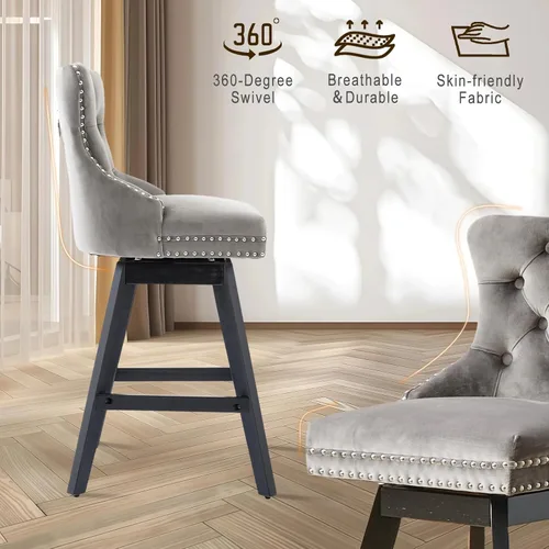 Vista 279 de SoarFlash Juego de 2 taburetes de bar tapizados de terciopelo moderno con patas de madera, botones acolchados, cabeza de clavo cromada, asiento