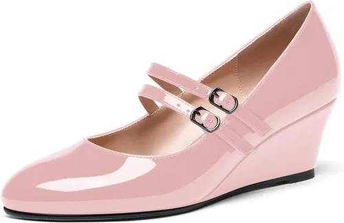 Vista 11 de SHOWFOREST Zapatos de tacón bajo con hebilla de punta redonda para mujer, con correa ajustable y correa ajustable, 2 pulgadas Beige
