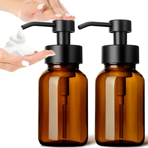 Vista 12 de GMISUN Dispensador de jabón espumoso de vidrio, dispensador de jabón de vidrio ámbar de 10 onzas líquidas para baño y cocina, paquete de 2