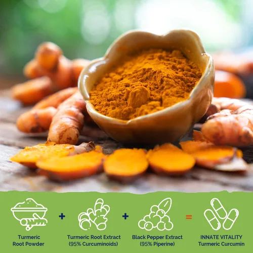 Vista 3 de Innate Vitality Suplemento de curcumina de cúrcuma de 1800 mg con pimienta negra 95% curcuminoides, extra fuerte y absorción mejorada, antioxidante