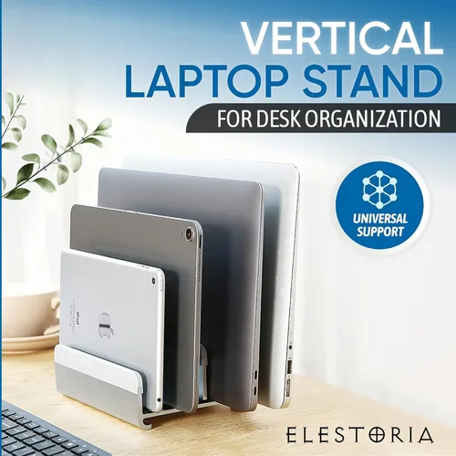 Vista 7 de Elestoria Soporte vertical para laptop de 5 ranuras, soporte vertical de aluminio para computadora de escritorio, ancho ajustable (0.472-1.496 in)