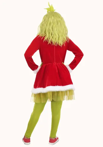 Vista 4 de Delightful Girl's Exclusive Dr. Seuss The Grinch Costume Dress, Holiday Outfit with White Fur Trim Accents