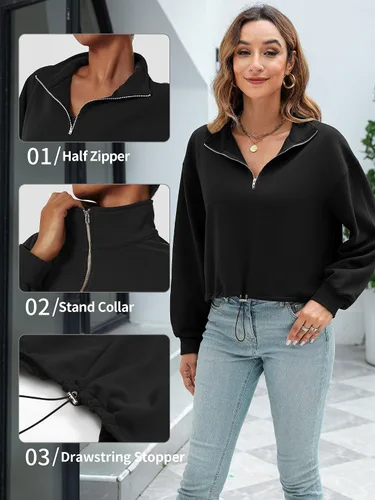 Vista 3 de ATTRACO Sudaderas de gran tamaño para mujer, con media cremallera, con cordón y cordón