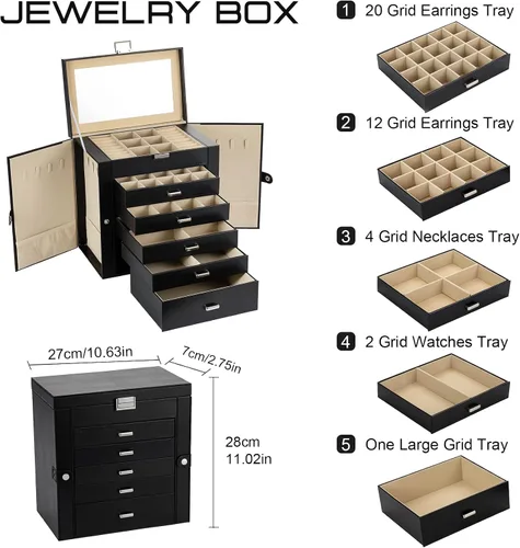 Vista 4 de Organizador grande de joyero con espejo para mujer 6 capas cajas de joyería con piel sintética joyas blancas altas y negras organizadas para regalo