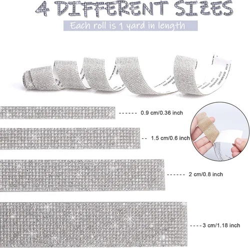 Vista 2 de 4 rollos de cinta de cristal de diamantes de imitación autoadhesiva, calcomanía de decoración brillante con diamantes de imitación de 0.079 pulgadas
