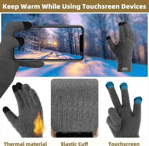 Vista 3 de Gorro de punto de invierno para mujer con guantes para pantalla táctil, gorro de pompón, bufandas para el cuello para hombres