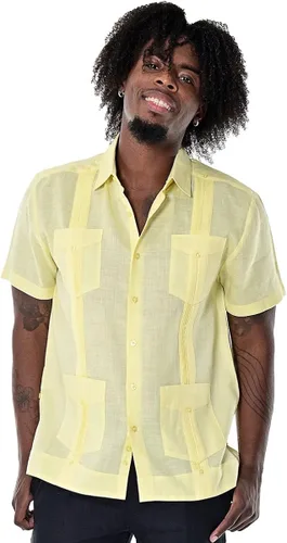 Vista 7 de bohio Guayabera - 100% lino para hombre, tradicional, 4 bolsillos con mangas cortas, color azul reyM, Real