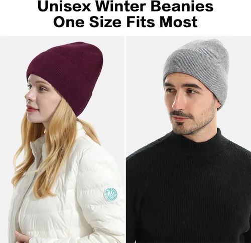 Vista 6 de HH HOFNEN Gorro de invierno para mujeres y hombres, gorro de punto de lana con forro polar con puños