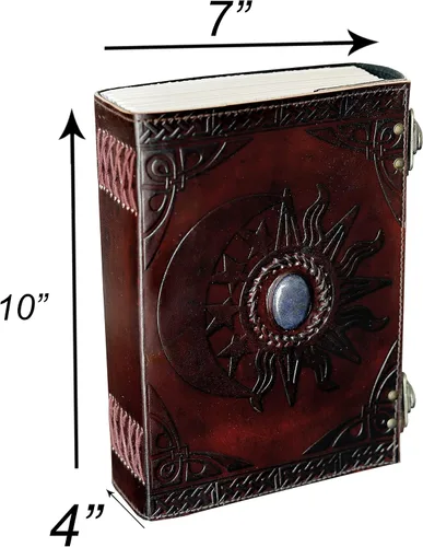 Vista 3 de Diario de cuero C Leather con relieve de sol y luna y hermosa piedra azul, cuaderno, planificador, organizador, libro de bocetos, libro en blanco