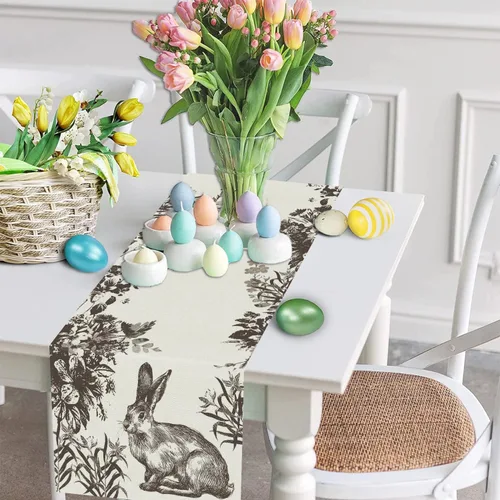 Vista 3 de GPGHE Camino de mesa de Pascua, diseño floral de conejito largo, para primavera, vacaciones, cocina, comedor, fiesta, decoración de granja, 13 x 36