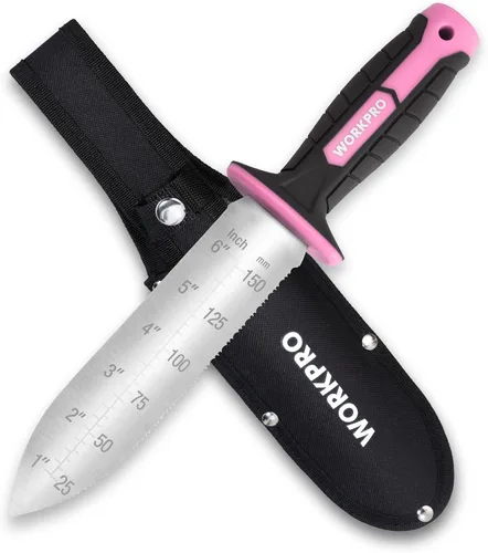 Vista 10 de WORKPRO Hori Hori - Cuchillo de jardín, hoja de acero inoxidable de 7 pulgadas con borde de corte, herramientas de jardín con funda Oxford, mango