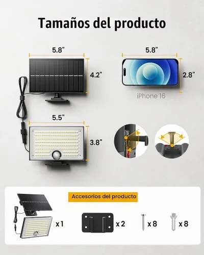 Vista 5 de Mini luces solares para exteriores con sensor de movimiento, 170 luces LED solares de inundación al aire libre del atardecer al amanecer con cable