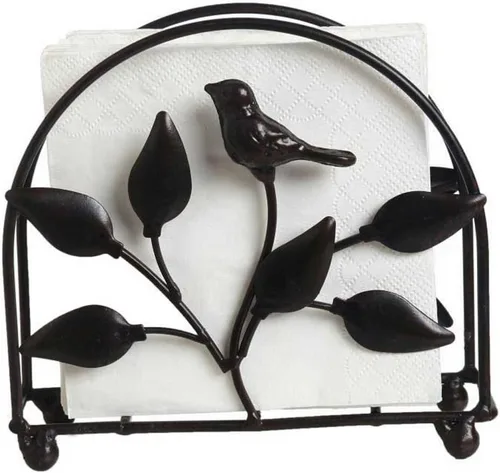 Vista 3 de Servilletero clásico de hierro fundido con forma de pájaro y árbol/Dispensador independiente de pañuelos de mesa, negro