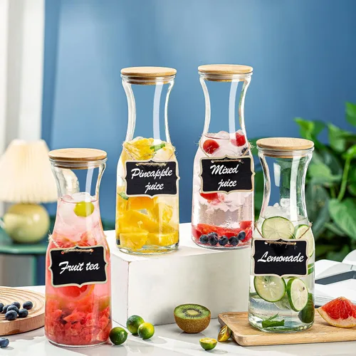 Vista 3 de Jarras de vidrio con tapas de bambú, 4 piezas de 1 litro para bebidas de 1 litro, juego de jarras para barra de mimosa, contenedor de jugo