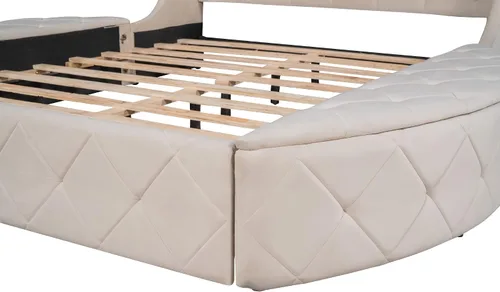 Vista 8 de Cama de plataforma tapizada tamaño Queen, muebles de dormitorio, marco de cama de madera de pino con cajón, taburetes de almacenamiento laterales