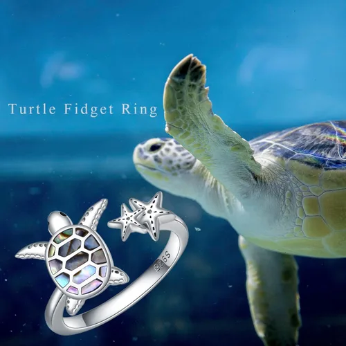 Vista 6 de SLIACETE Anillo de tortuga con estrella de mar de plata de ley 925 con anillo de tortuga para mujeres, talla 7, no conocido