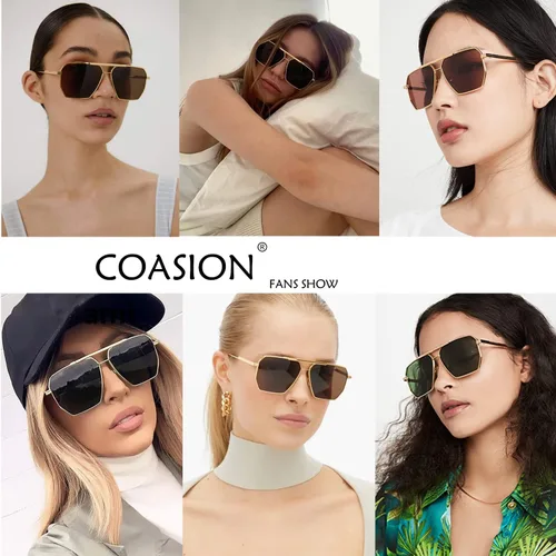 Vista 2 de COASION Gafas de sol polarizadas cuadradas retro de gran tamaño para mujeres y hombres, clásicas pantallas de metal grandes, gafas de sol de moda