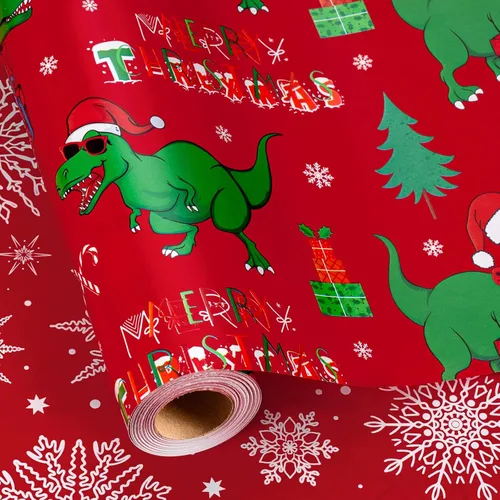 Vista 16 de Homeral Rollo de papel de regalo de Navidad de dinosaurio para niños, dinosaurio negro fresco con decoraciones y letras rojas, envoltura de regalo