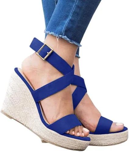 Vista 6 de Sandalias de tacón alto con plataforma de cuña y correa de tobillo cruzada, puntera abierta, de verano, para mujer