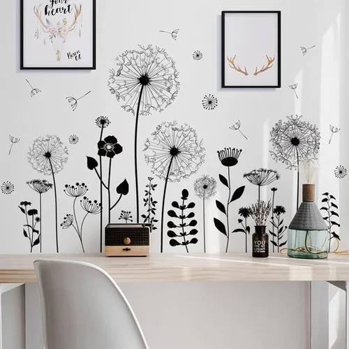 Vista 6 de Calcomanías de pared grandes de diente de león, atractivas calcomanías de pared de flores voladoras, decoración de pared de plantas extraíbles