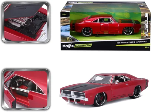Vista 8 de 1969 Dodge Charger R/T Rojo Metálico con Capucha Negra y Rayas Negras Classic Muscle 1/25 Modelo de Auto Fundido a Presión por Maisto