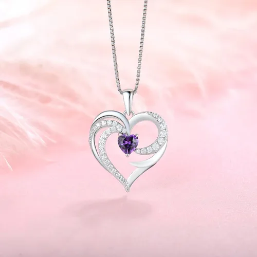 Vista 3 de STARCHENIE Collar de piedra natal de corazón de plata de ley 925 con colgante de corazón de ala de ángel para mujer