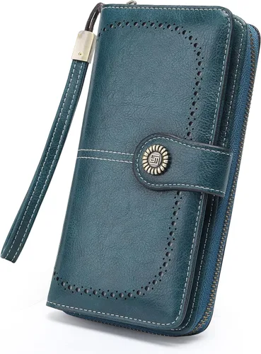 Vista 8 de Billetera de cuero para mujer, de gran capacidad, con cremallera, cartera con cremallera para mujer 1-negro