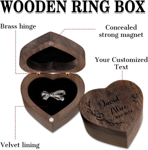 Vista 4 de Zhamate Caja de anillos de corazón personalizada, estuche de madera personalizado para anillos con texto y patrón, cajas de propuesta