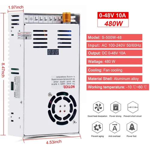 Vista 4 de EAGWELL Fuente de alimentación CC CA 110V/220V a DC 0-48V 10A 480W Buck Convertidor, adaptador LED ajustable regulado 5V 12V 24V 30V 36V 48V Volt