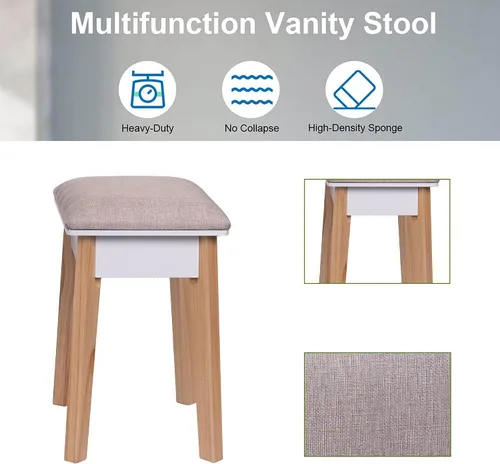 Vista 4 de Juego de tocador de maquillaje con espejo iluminado, escritorio blanco con cajones y taburete acolchado, mesa de maquillaje con espejo de luces