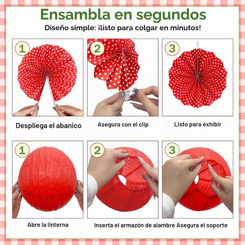 Vista 5 de Decoraciones de fiesta de cuadros rojos, 15 linternas de papel colgantes
