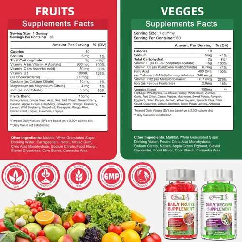 Vista 9 de Gomitas de frutas y verduras sin azúcar, súper verduras con 23 frutas y 25 verduras, minerales multivitamínicos y fibra, suplemento vegano de frutas