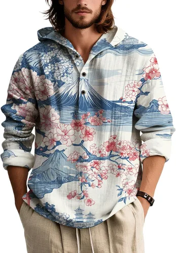 Vista 12 de Sudadera con capucha con estampado floral colorido para hombre, con botones, holgada, de manga larga, sudadera con capucha de gran tamaño para otoño