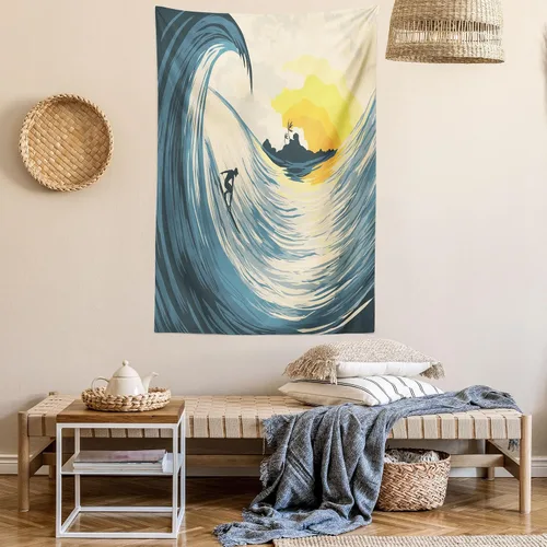 Vista 6 de Ambesonne Tapiz oceánico, ilustración de cielo nublado, isla tropical ola y surfista al atardecer paisaje marino, colgante de pared para dormitorio
