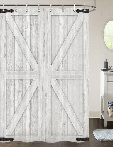 Vista 32 de Cortina de ducha de puerta de granero de madera rústica, 60 x 70 pulgadas, beige