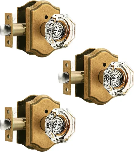 Vista 17 de Gobrico Juego de pomos de puerta de vidrio transparente para interiores, cerradura de puerta de cristal de diamante de privacidad en latón antiguo