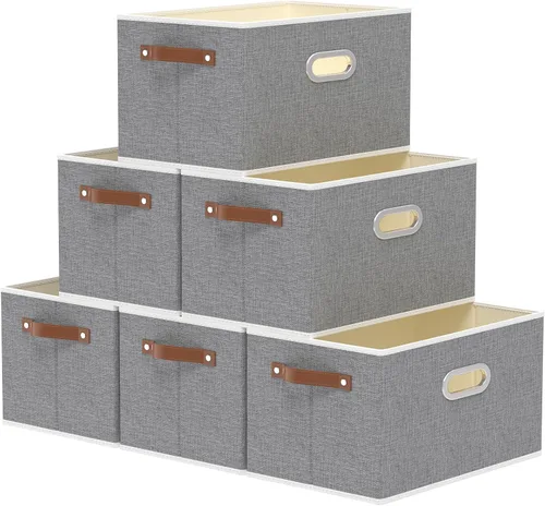 Vista 22 de Yawinhe Cestas de almacenamiento de tela, organizador plegable de armario para estantes, cajas grandes con 3 asas, contenedores de lona para ropa